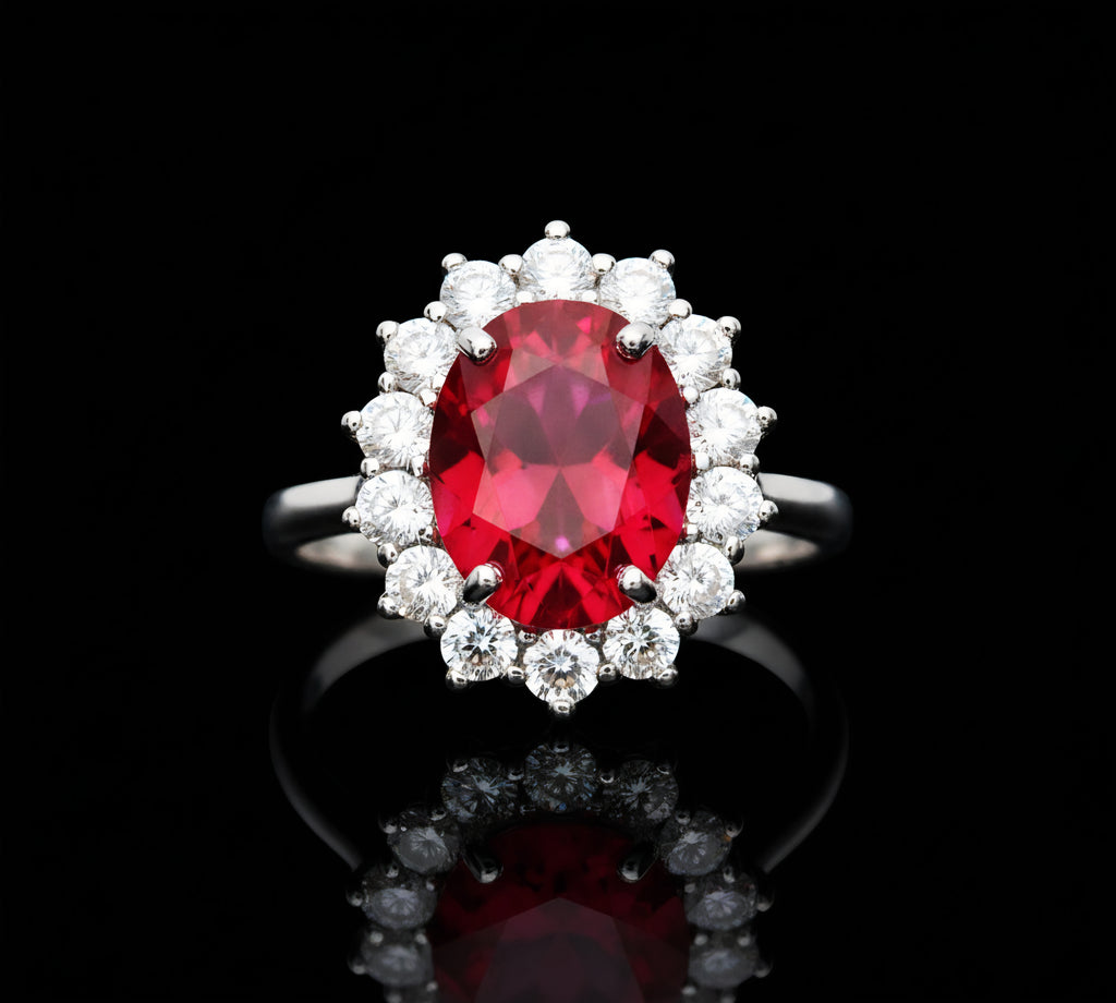 Anello pietra rossa e zirconi oro 18kt