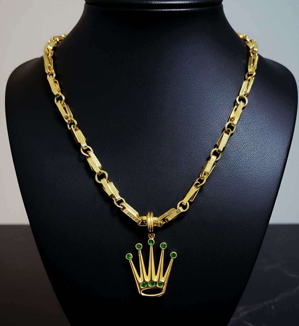 Collana con la greca e ciondolo  corona grande oro 18kt