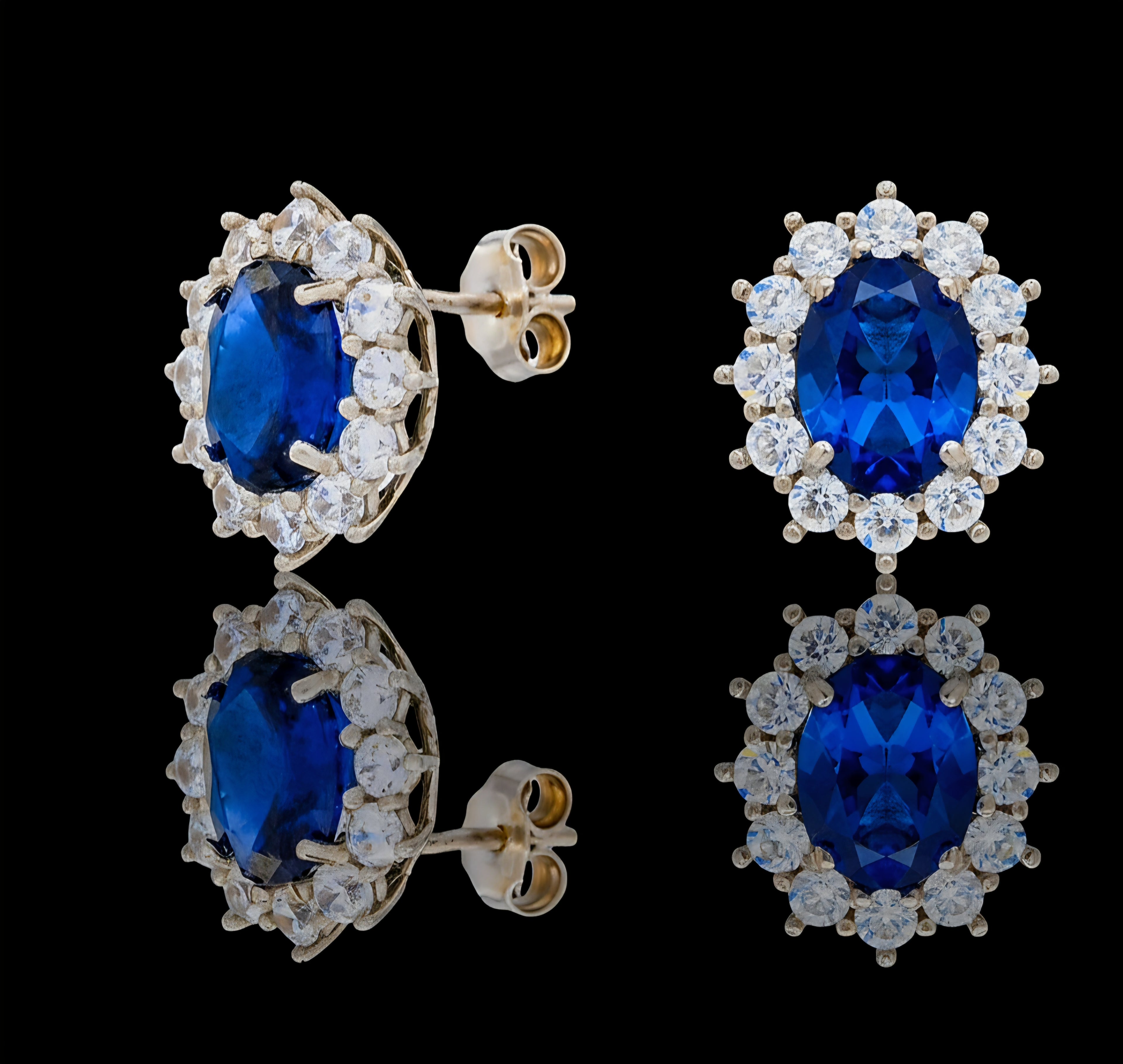 Orecchini piccoli con pietra blu e zirconi in oro bianco 18kt